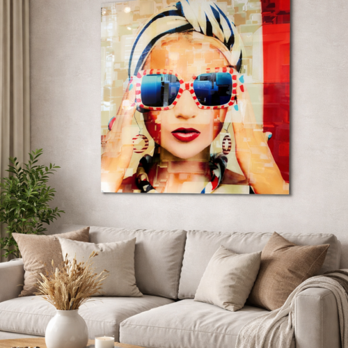 FotoLijst van Glas  " Dame Met Zonnebril "    (maat  80-80)