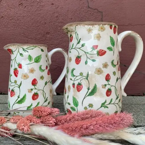 Kan Beige Keramiek met Aardbeiendecoratie 'Clayre & Eef (S)