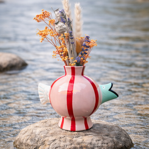 Vaas-Bloemenvaas-Zwemmende Vis-Dolomiet- Roze/Mint/Rood