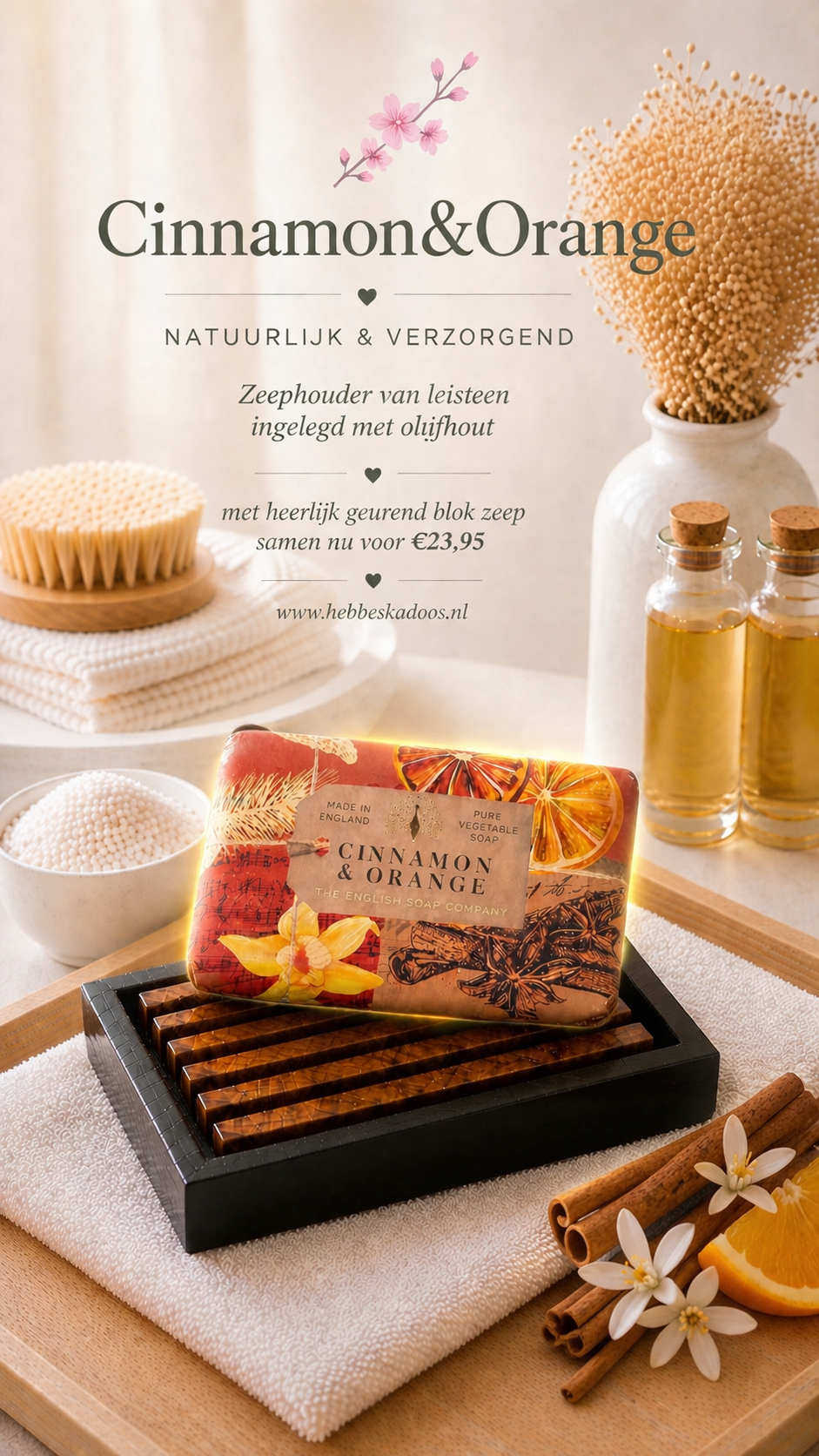 Blok Zeep Cinnamon& Orange op Zeepschaal van Leisteen ingelegd met Olijfhout